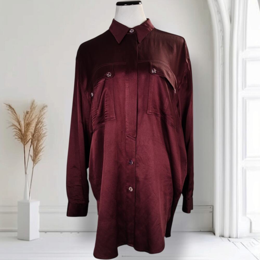 Vintage 1990 100% Silk Burgundy Tunic Blouse Oversized Shirt Shell Buttons Sz 40